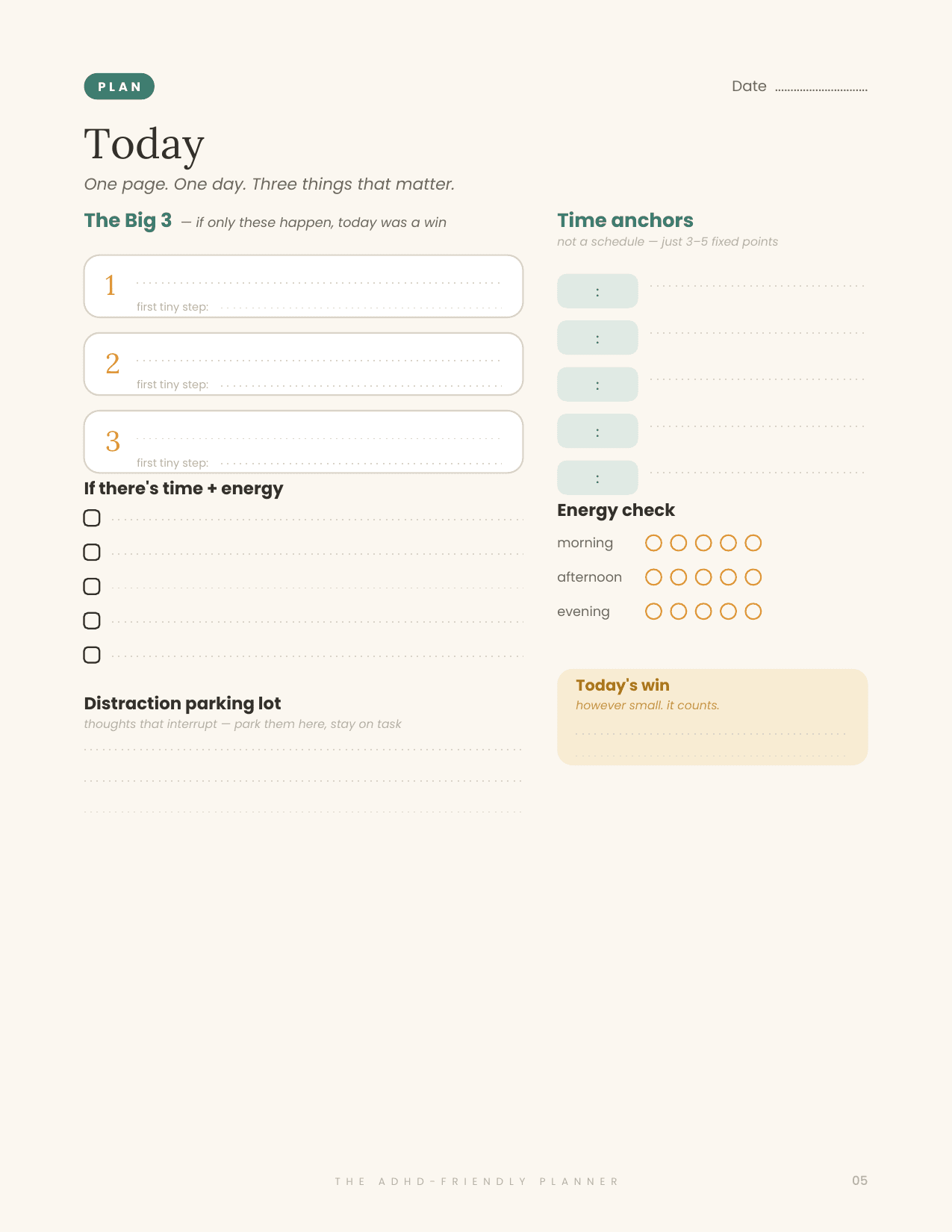 Daily page — only 3 priorities — an actual page from the MindTidy ADHD planner