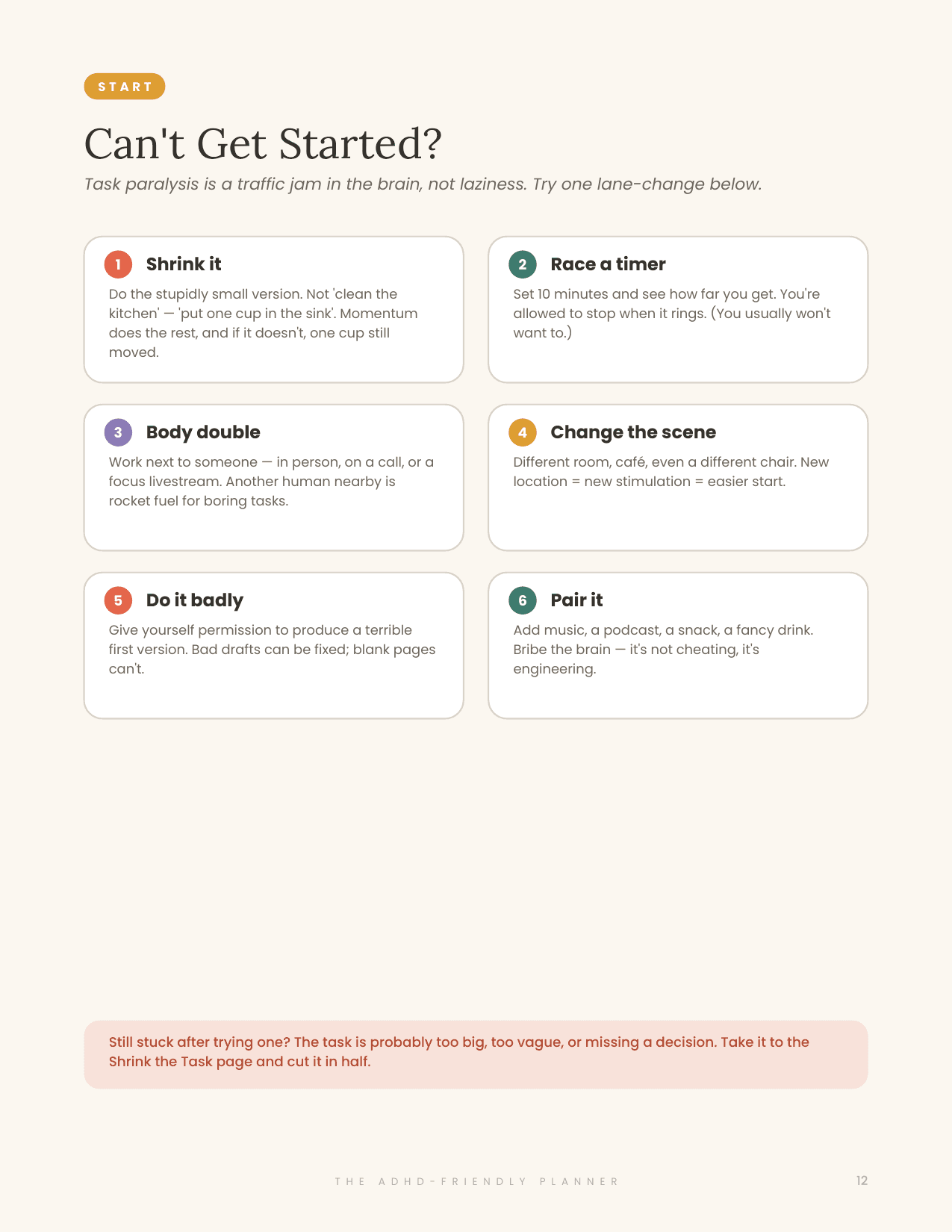 For the days you can't start — an actual page from the MindTidy ADHD planner