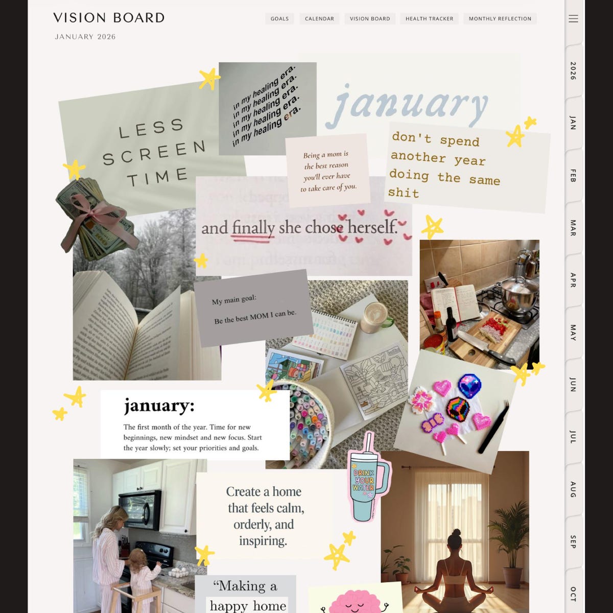 A filled-in MindTidy vision board page with photos, goals, and quotes