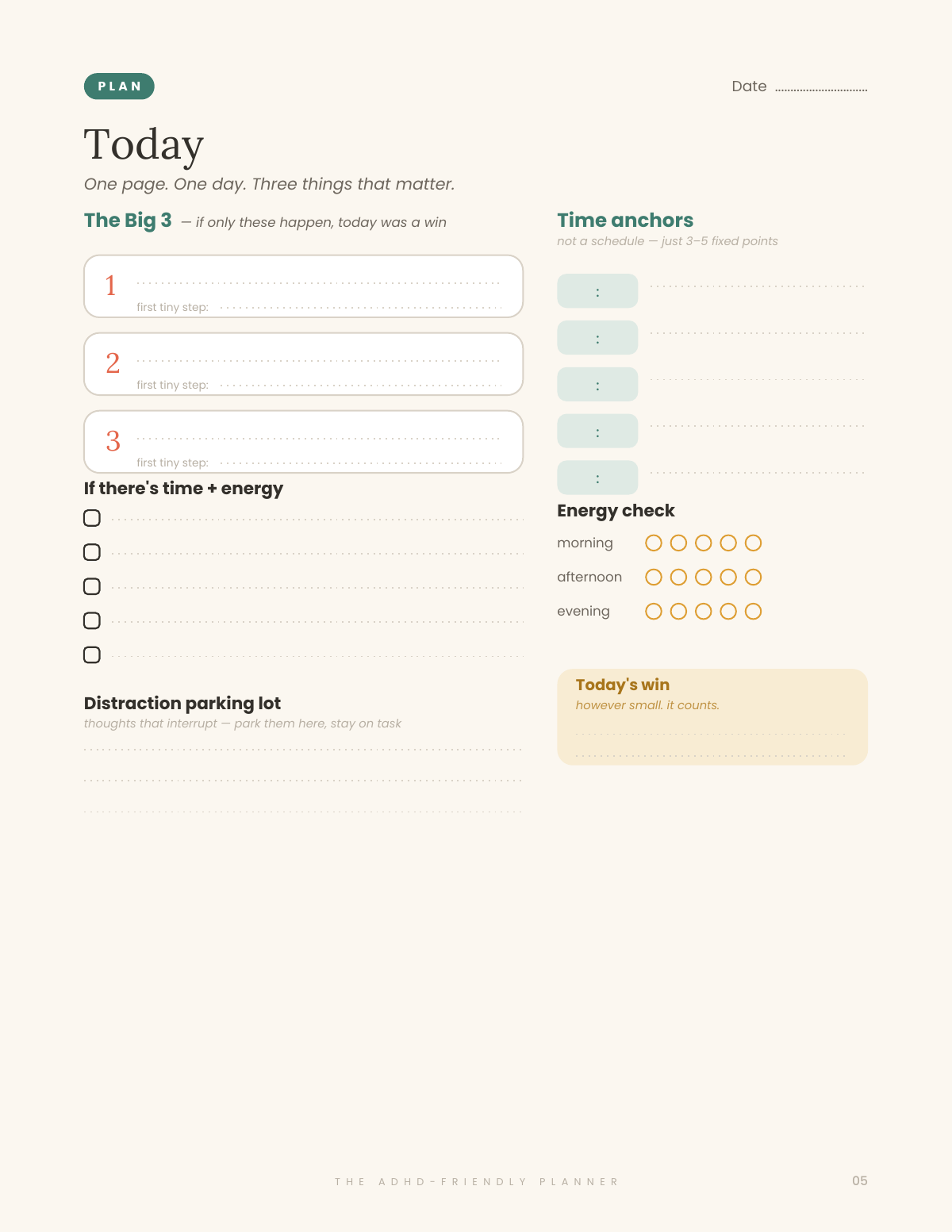 The Daily “Today” page from the MindTidy ADHD planner — Big 3, time anchors and an energy check, ready for stickers